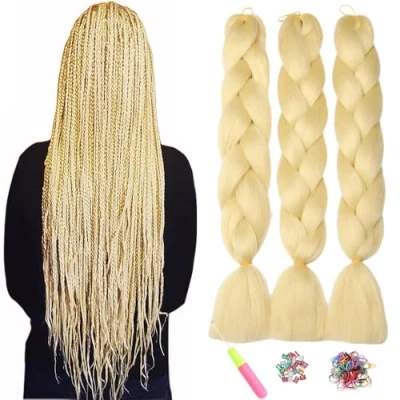 Image of ShowJarlly Box Braid Hair Extensions, 24inch Blonde Ombre Jumbo Hair, 3Packs Synthetic Braiding Extension Afro Extensions for Crochet Twist Braids 613#