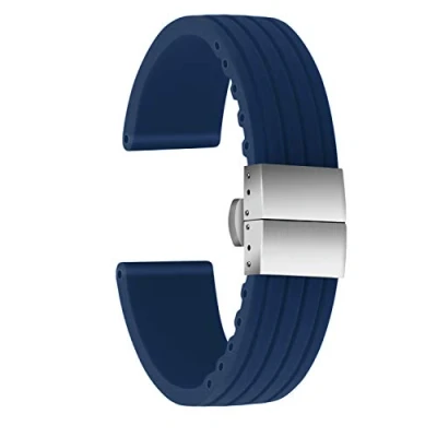 Image of ULLCHRO Silicone Watch Strap Replacement Rubber Band Waterproof Stripe Pattern 16mm, 18mm, 20mm, 22mm, 24mm Bracelet with Stainless Steel Deployment Buckle (24mm, Blue)