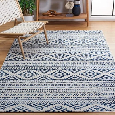 Image of SAFAVIEH Boho Chic Rug for Living Room, Dining Bedroom Tulum Collection, Short Pile, in Ivory and Navy, 91 X 152 cm