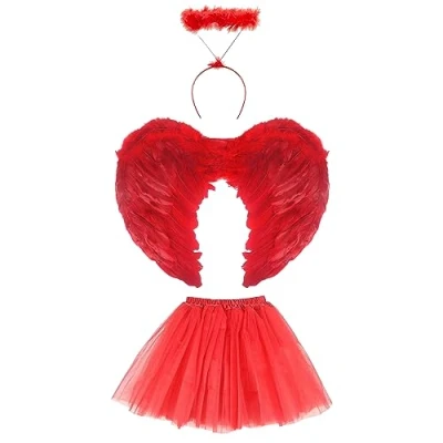 Image of Lizzy Adult Red Angel Costume 3pc Feather Wings,Halo &amp; Tutu Skirt Fairy Outfit Halloween Devil Fancy Dress for Carnival Christmas Hen Party
