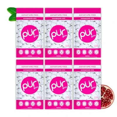 Image of PUR Gum Sugar Free Chewing Made with Xylitol Vegan, Aspartame Free, Gluten and Keto Friendly Natural Pomegranate Mint Flavoured Gum, 55 Pieces (Pack of 6)