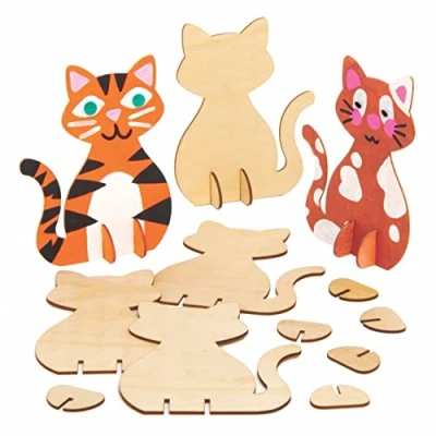 Image of Baker Ross AT799 Wooden Stand up Cats Pack of 6, Woodcrafts for Kids to Design, Paint, Decorate and Then Use