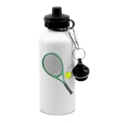 Image of Green and black tennis racket with ball water bottle clip, drinks bottle, crinks cup, hydrate,
