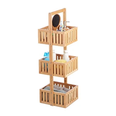 Image of Relaxdays Bamboo Bathroom Shelf, Free Standing Wooden Caddy with 3 Tiers, Slim Kitchen Rack, HWD 82.5 x 27 26.5 cm, Natural