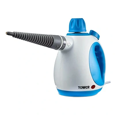 Image of Tower THS10 Handheld Steam Cleaner, Includes Crevice Tool, Flexible Hose, 1050 W, Brush Microfiber Cloth, Blue, 250 ml Capacity
