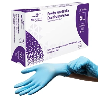 Image of MediHands Nitrile Gloves X Large, Blue Heavy Duty Disposable Gloves, Powder Free, Latex and Protein Medical, Food, Multi Use, Pack of 100