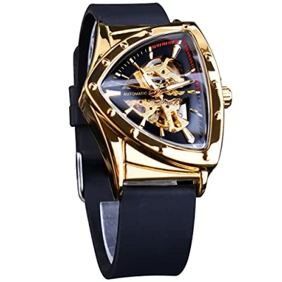 Image of Forsining Men&#039;s Skeleton Mechanical Watches Military Automatic Steampunk Watch Triangle Racing Gold Dial Silicone Soft Band,Golden Black