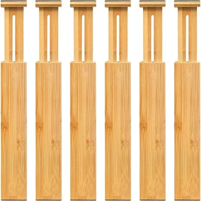 Image of VaeFae Bamboo Drawer Dividers 6 Pack, (42.5 55.5 cm) Adjustable Separators Spring Loaded Organiser Expandable Divider for Kitchen, Cultery, Clothes, Bathroom, Baby Drawer, Tools