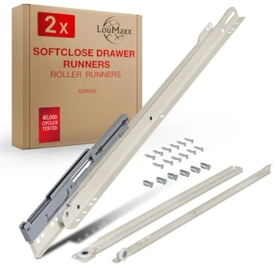 Image of LouMaxx Roller Slide Guides 500 mm Set of 2 (1 Pair) Drawer Runners White Extension Rails Soft Close Smooth in