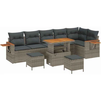 Image of vidaXL 9 Piece Garden Sofa Set with Cushions Grey Poly Rattan Acacia