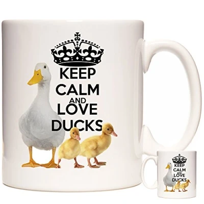 Image of Duck Mug, Keep Calm and Love Ducks. 11oz Ceramic Gift Mug Featuring a White with Ducklings. Coffee
