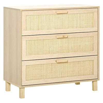 Image of HOMCOM Rattan Bedroom Chest of Drawers, 3 Drawers Storage Unit, Boho Dresser for Living Room, Hallway, Natural