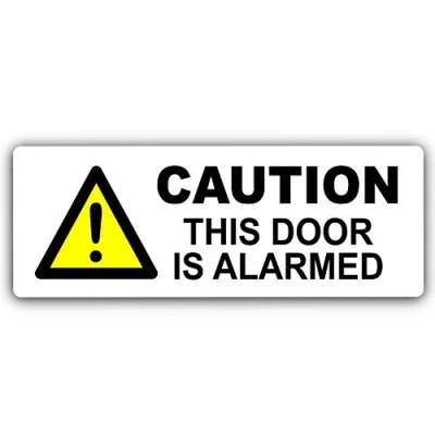 Image of METAL Caution This Door Is Alarmed Sign WITH IMAGE Aluminium WHITE Warning Notice Office Shop Warehouse School Cafe Restaurant Pub Business Health Safety