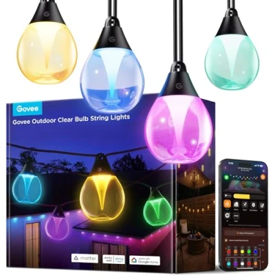 Image of Govee Outdoor Clear Bulb String Lights, 15M Dimmable RGBWIC Lights with 16 Million Color and 111 Scene Modes, 80lm per LED, Last for 25,000h, Works Alexa, Google Assistant, Matter
