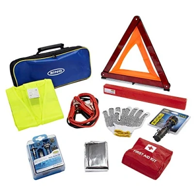 Image of Ring RCT2 9 Piece Emergency Car Kit, with Universal Spare Bulb Booster Cables, Warning Triangle, High Vis Vest, First Aid Non Slip Gloves, LED Torch and Storage Case