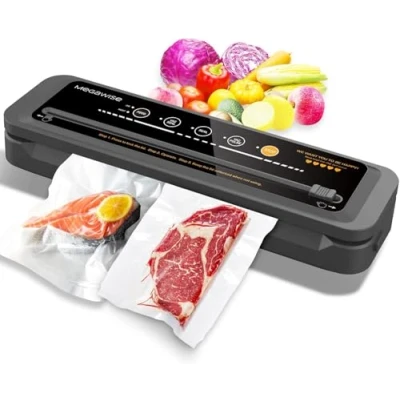 Image of MegaWise Vacuum Sealer Machine 80kPa Suction Power Bags and Cutter Included Compact One Touch Automatic with External System Dry Moist Fresh Modes