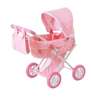 Image of Olivia&#039;s Little World Twinkle Stars Deluxe Baby Doll Stroller Pram Pink OL 00011