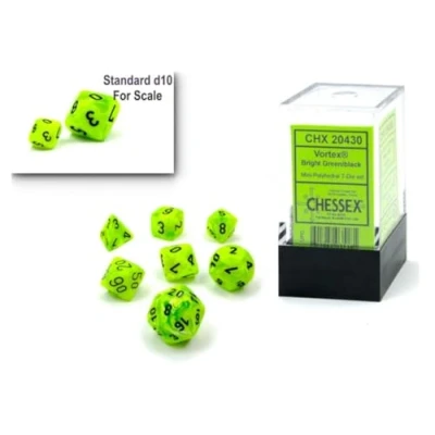 Image of Dice Set 10mm Vortex Bright Green/Black Plastic Polyhedral Dungeons and Dragons D &amp; DND TTRPG Includes 7 D4 D6 D8 D10 D12 D20 D%,CHX20430