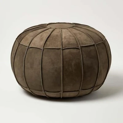 Image of HOMESCAPES Brown Leather Pouffe 40 cm x 50 Handcrafted Round Footstool with Real Cover and Ribbed Suede Design Filled Bean Bag for Living Room