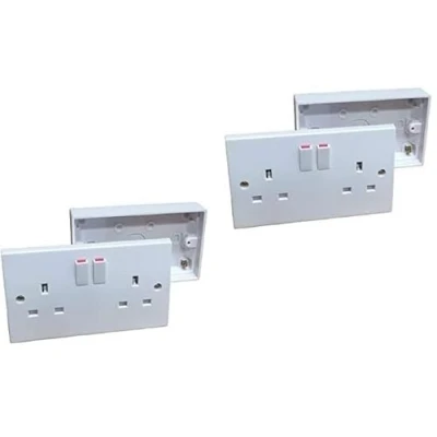 Image of Double Switched Wall Socket 2 Gang Twin + 25mm Surface Pattress Back Box Pack of