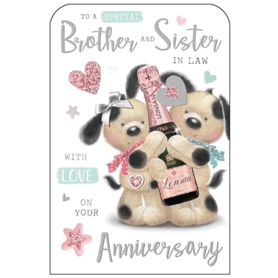 Image of Jonny Javelin Special Brother and Sister in Law Anniversary Card Fudge Dogs Champagne Bottle Embossed with Foil Flitter Details