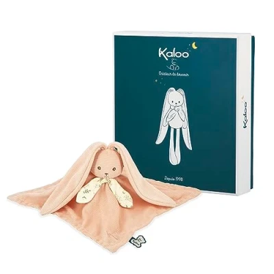 Image of Kaloo Lapinoo Peach Bunny Comforter Baby Plush Square: 30 x cm Bi Material Ultra Soft Viscose and Corduroy Gift Box 0 Months +, K218017
