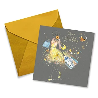Image of Cherry Orchard Female Happy Birthday Card Girl Yellow Dress Shopping