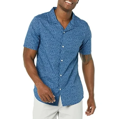 Image of Amazon Essentials Men&#039;s Slim Fit Short Sleeved Button Down Holiday Shirt, Navy Palm Leaf Print, S