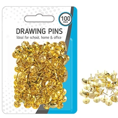 Image of 100 Metal Drawing Pins, Brass Thumb Tacks for Notice Boards, Art and Crafts, Work/Office, Map Marking More (100 Pins)