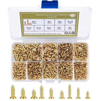 Image of 1170 Pcs Small Wood Screws, M2 M2.5 M3 Self Tapping Screw Assortment Kit, Gold Micro Flat Head Cross Screws Fasteners, Drilling for Door Hinge DIY Decorative