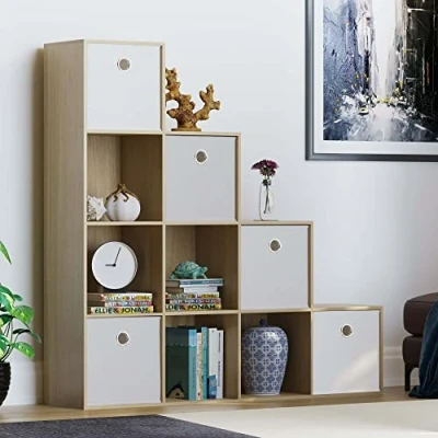 Image of Vida Designs Durham Staircase Bookcase Shelves Storage Organiser Living Room Furniture (10 Cube &amp; 5 White Baskets, Oak)
