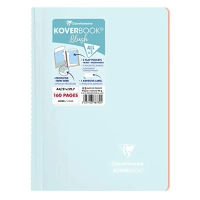 Image of Clairefontaine Ref 376772C Koverbook Blush Wirebound Notebook (80 Sheets) A4 Size, Lined Ruling, 90gsm Brushed Vellum Paper, Pastel Polypro Cover Ice Blue