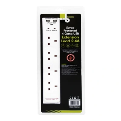 Image of Benross 4 Way 2m Surge Protected Extension Lead With 2 USB 2.4A