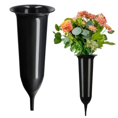 Image of KADAX Spiked Grave Vase, Plastic Memorial Weatherproof Flower Holder for Cemetery, Graveside Ornament Artificial Flowers (23 cm, Black)