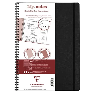 Image of Clairefontaine 783461C Collection Age Bag A Black Spiral Notebook with Tear Off Margins A4 21 x 29.7 cm 120 Ruled Pages 90g White Paper Glossy Leather Grain Card Cover