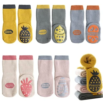 Image of FedMois 5 Pairs Baby Kids Cozy Warm Winter Socks Anti slip Infant Toddler Thermal Crew Socks, fruit, 3 Years