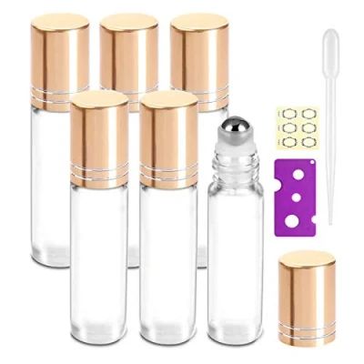 Image of Alledomain 6Pcs, 10ml Transparent Essential Oil Roller Bottles Refillable Clear Glass Roll on with Stainless Balls &amp; Golden Cap, Include Labels, Dropper Opener