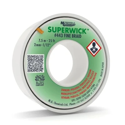 Image of MG Chemicals Desoldering Braid #3 Fine Super Wick with RMA Flux, 25&#039; Length x 0.075&quot; Width, Green