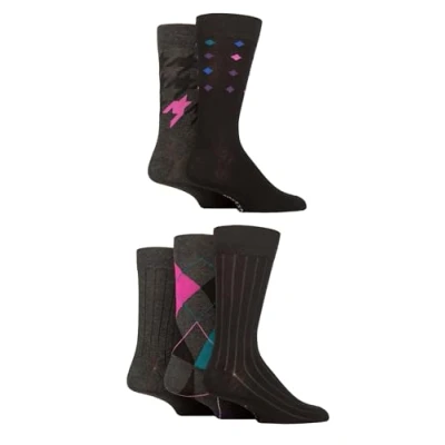 Image of SockShop Men&#039;s Patterned Bright Colourful Natural Bamboo Socks Various Designs for Everyday Wear Size 7 11 Pack of 5 Black/Grey/Pink