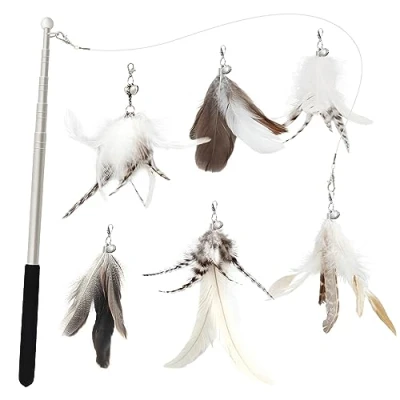 Image of SONGWAY Cat Toy Feather Wand 7 Pcs Interactive Toys for Indoor Cats Kitten, 1 Retractable Teaser With 6 Natural Refills, Stick Toys, Fishing Rod