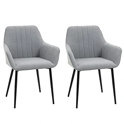 Image of HOMCOM Dining Chairs Upholstered Linen Fabric Accent with Metal Legs, Set of 2, Light Grey