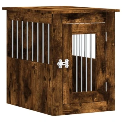 Image of &#039;vidaXL Dog Crate End Table Engineered Wood Kennel with Ventilated Design, Lockable Door Smoked Oak Home Decorative Cage