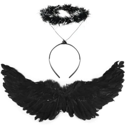 Image of SULOLI Angel Wings and Halo, Black Fairy Fallen Halloween Fancy Dress Costume for Adult Christmas Party