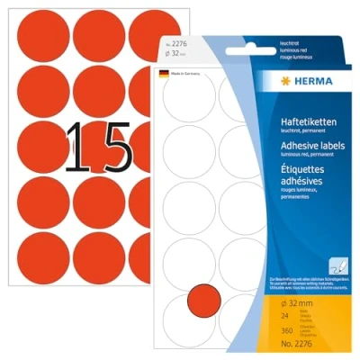 Image of HERMA Dot Stickers Luminous Red, 360 Labels, Ø 32 mm, 15 Labels per Sheet, Self Adhesive Round Colour Stickers, Blank Marking Dots, Sticky Circle for Color Coding Calendar