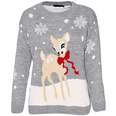 Image of Loxdonz Girls Boys Knitted Merry Christmas Xmas Snowflake Kids Reindeer Pom Jumper Sweater Top (5 6 Years, Baby Deer Grey)