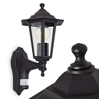 Image of Loria outdoor wall lamp with motion detector, light upwards in antique look, cast aluminium black clear glass panes, for patio/yard E27 socket, retro/vintage, without bulbs