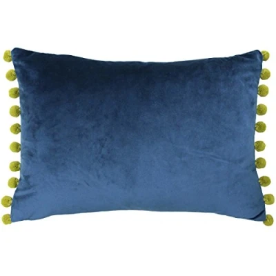 Image of Riva Paoletti Fiesta Rectangular Cushion Cover Indigo Blue Olive Yellow Pompom Edges Faux Velvet Reversible Zip Closure 100% Polyester 35 x 50cm ( 14&quot; 20&quot; inches)