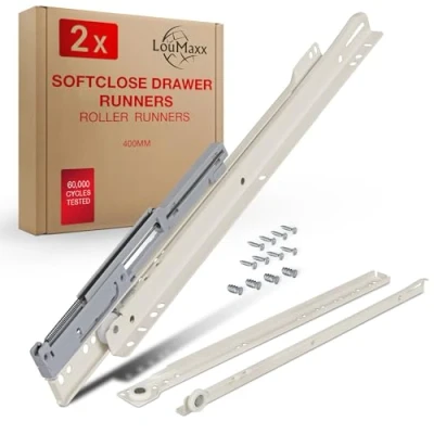 Image of LouMaxx Heavy Duty Drawer Runners 400 mm Set of 2 (1 Pair) White Rails Soft Close for Drawers Smooth Running Roller in