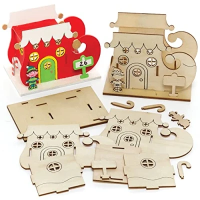 Image of Baker Ross FE967 Elf House Wooden Model Kit Pack of 3, Tealight Holder to Decorate and Display, Crafts for Children, Ideal Christmas Arts Project