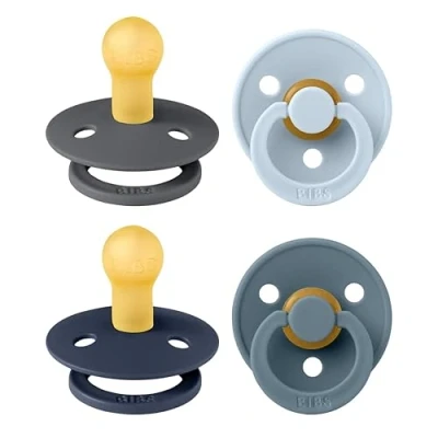 Image of BIBS Colour Soother 4 Pack, BPA Free Dummy Pacifier, Round Nipple. Natural Rubber Latex, Made in Denmark. 0 6 Months (Pack of 4), Deep Space Mix